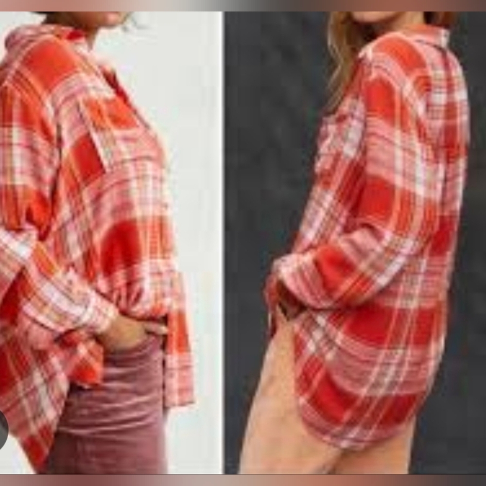Pilcro The Hadley Relaxed Plaid Button Front Top Shirt Blouse Fall Viscose Bld M - Picture 2 of 9